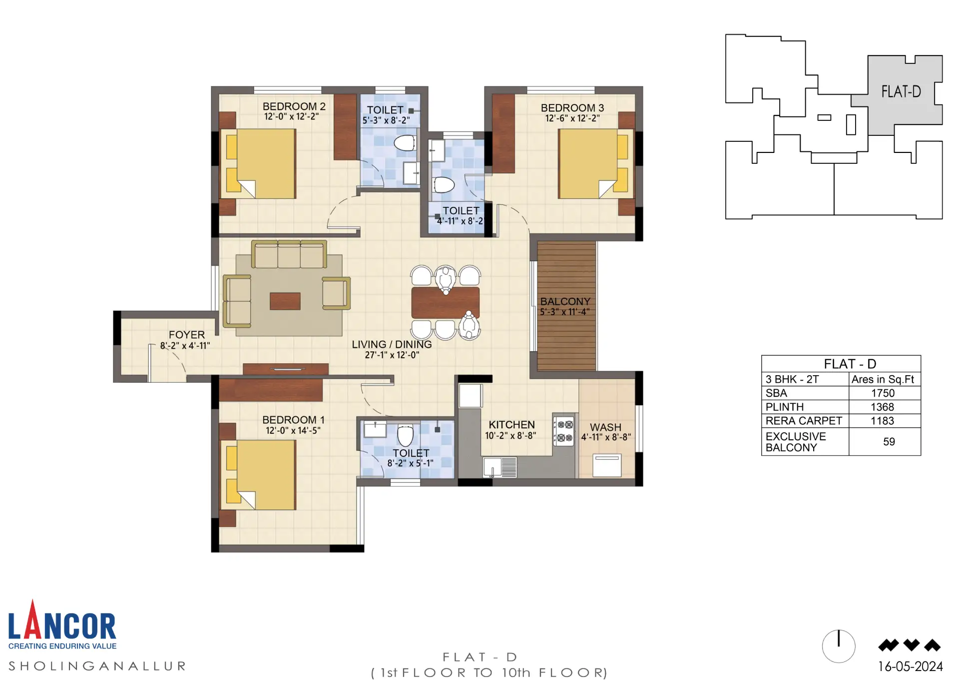 Flat D 3 BHK Floor Plan